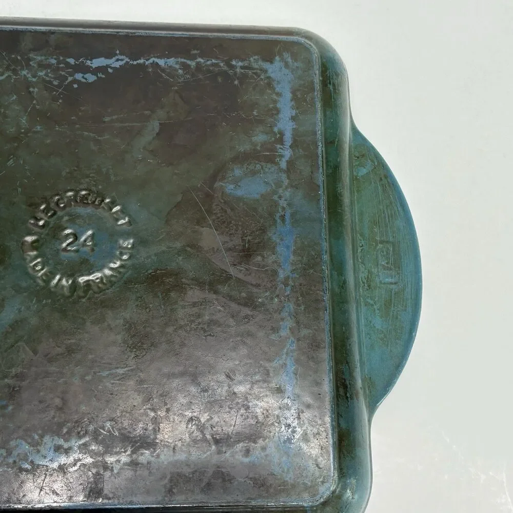 Le Creuset Blue Enameled Square Handle Cast Iron Grill Griddle Pan #24 Pre-owned